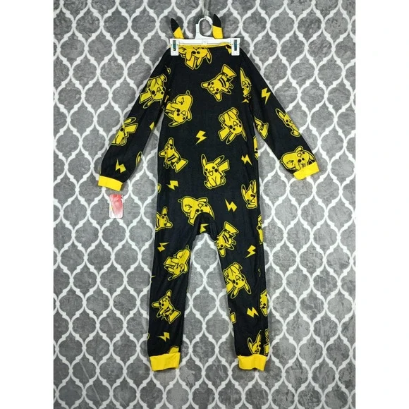 Pokemon Pikachu One Piece Pajamas Youth Medium 8/10 Black Yellow Hooded Fleece - Picture 2 of 9